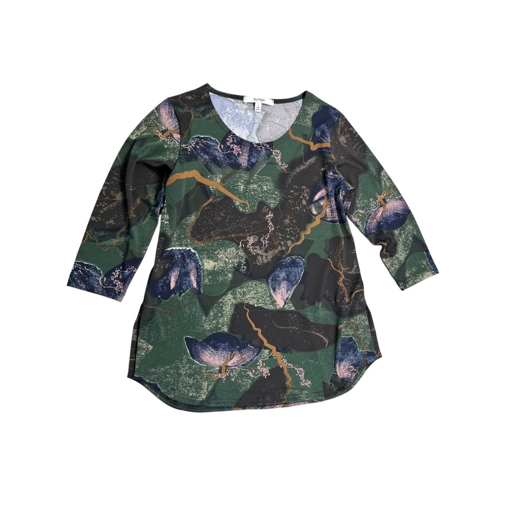Sympli Abstract Print 3/4 Sleeve Top Size 2 Green Blue Made in Canada Travel
